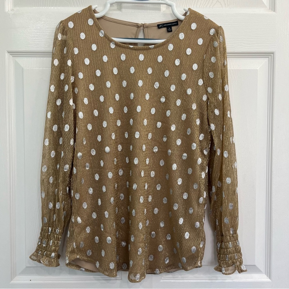 Adrianna Papell Metallic Gold Silver Polka Dot Sheer Women's Shirt Blouse Top
